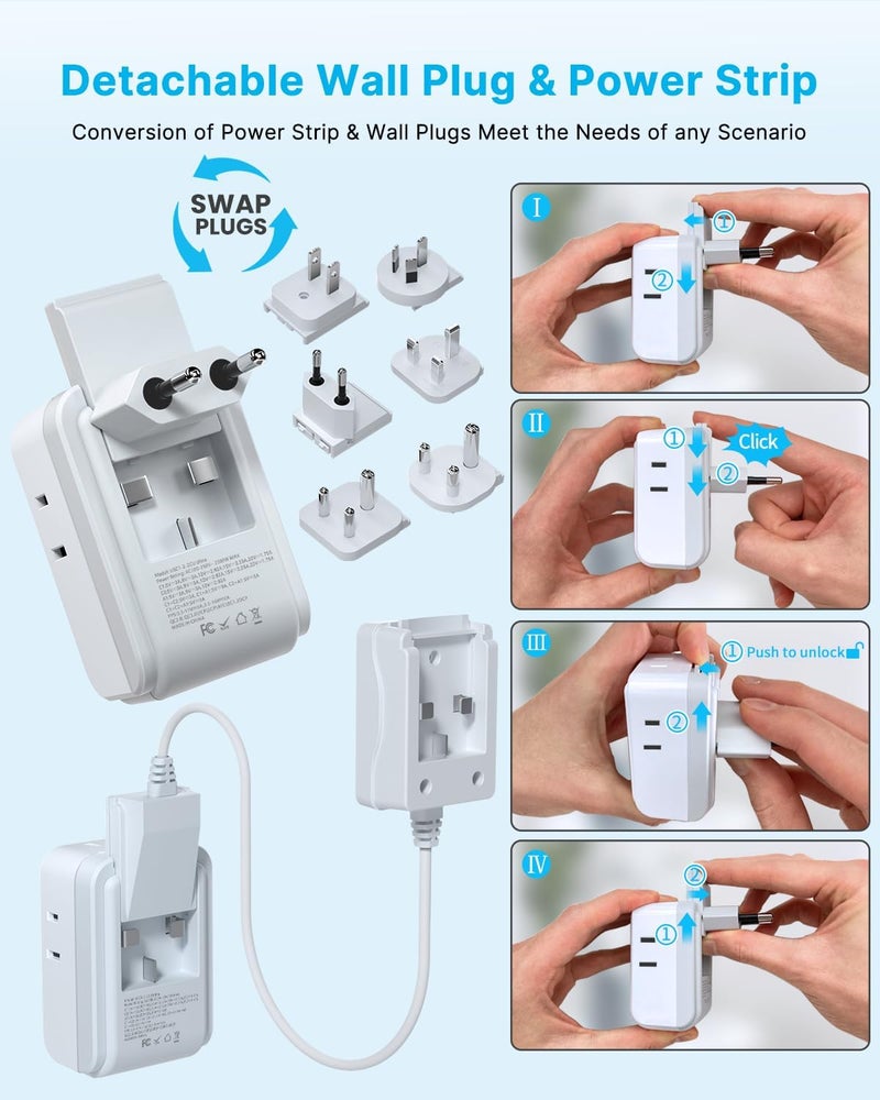 VINTAR Universal Travel Adapter Kit, 35W 5FT Detachable Extension Cord with 4 AC and 3 USB Ports(2 USB-C), Type A, C, D, G, I, M International Power Adapter for EU/India/South Africa - Image 3